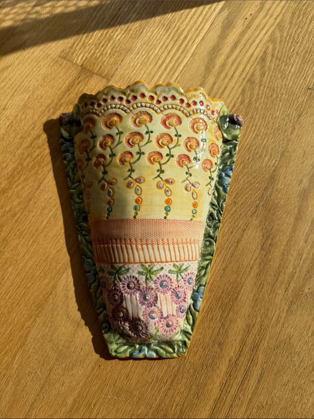 Hand-Painted Floral Ceramic Wall Pocket Vase in Yellow, Pink and Green